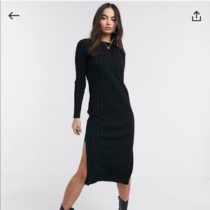 Long sleeve knit, ribbed, side slit midi dress